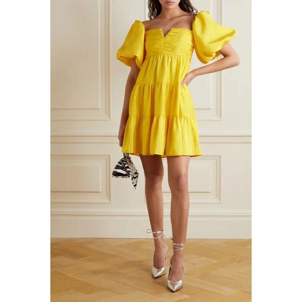 Rebecca Vallance Izzy Tiered Ruched Silk Taffeta Mini Dress yellow size US 2